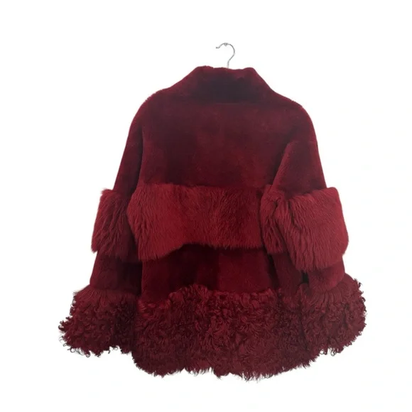 NWT Nour Hammour Aimée Shearling Fur Coat in Crimson/Oxblood red